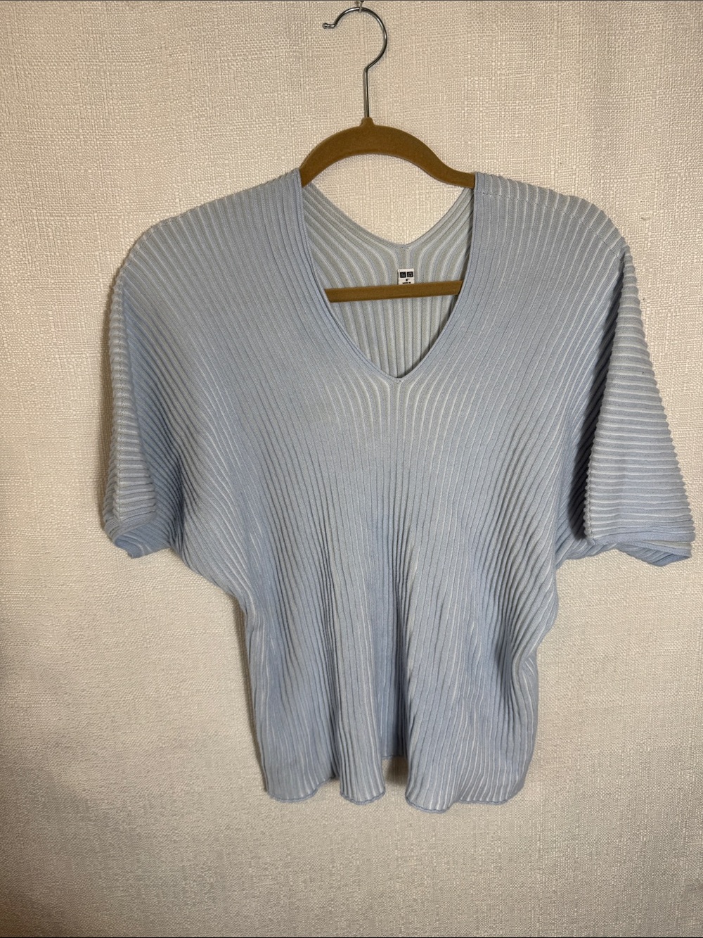 UNIQLO 100% Cotton Ribbed Sweater Tee Powder Blue V-Neck Size M - Picture 3 of 8